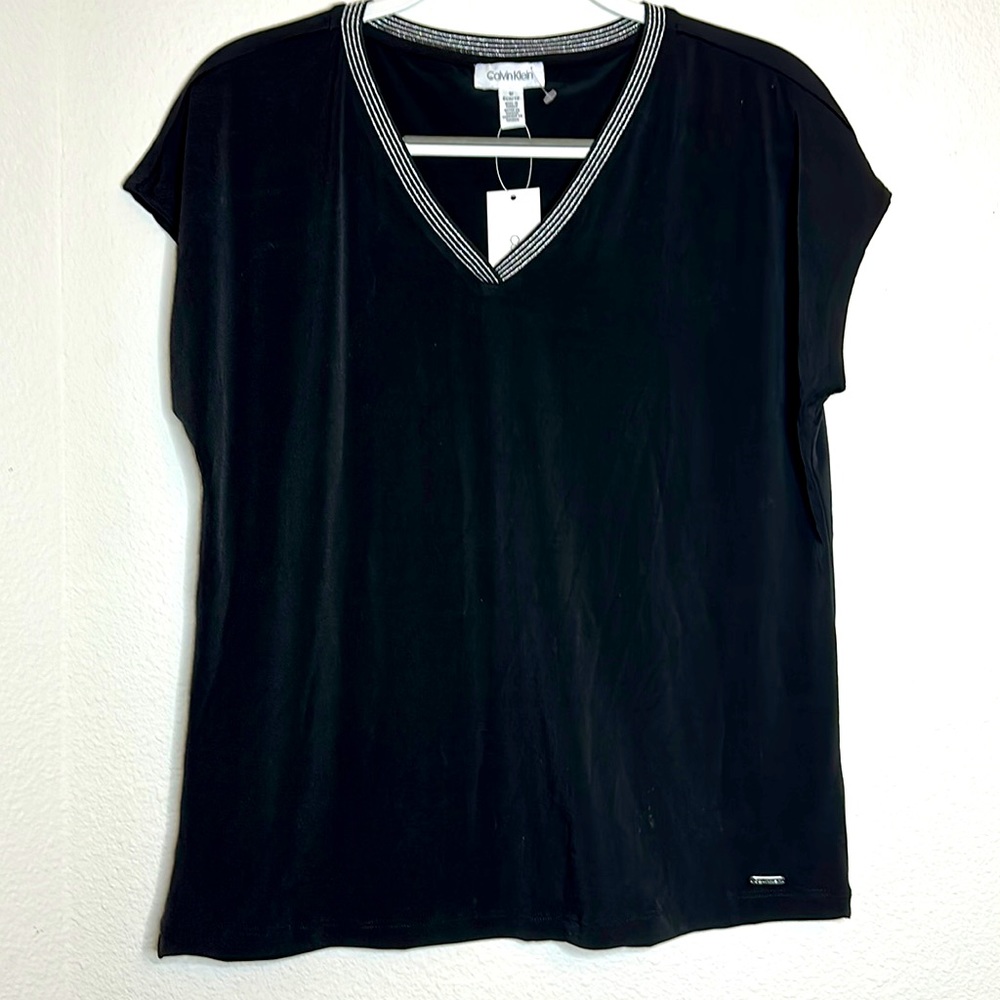 NWT Calvin Klein short sleeve black top with silver striped neckline